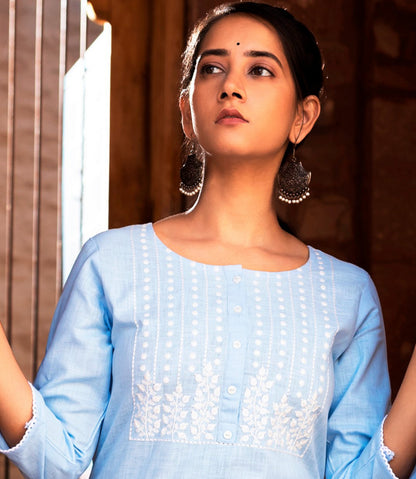 Blue Embroidered Cotton Kurti