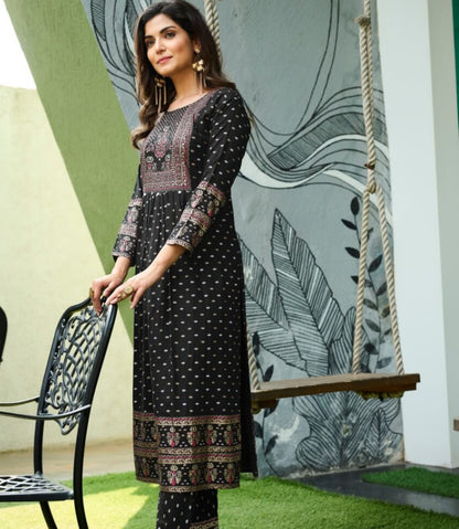 Black Rayon with gold print yoke kurta with pant