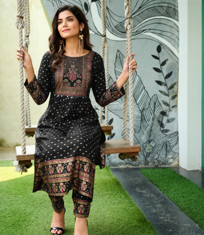 Black Rayon with gold print yoke kurta with pant