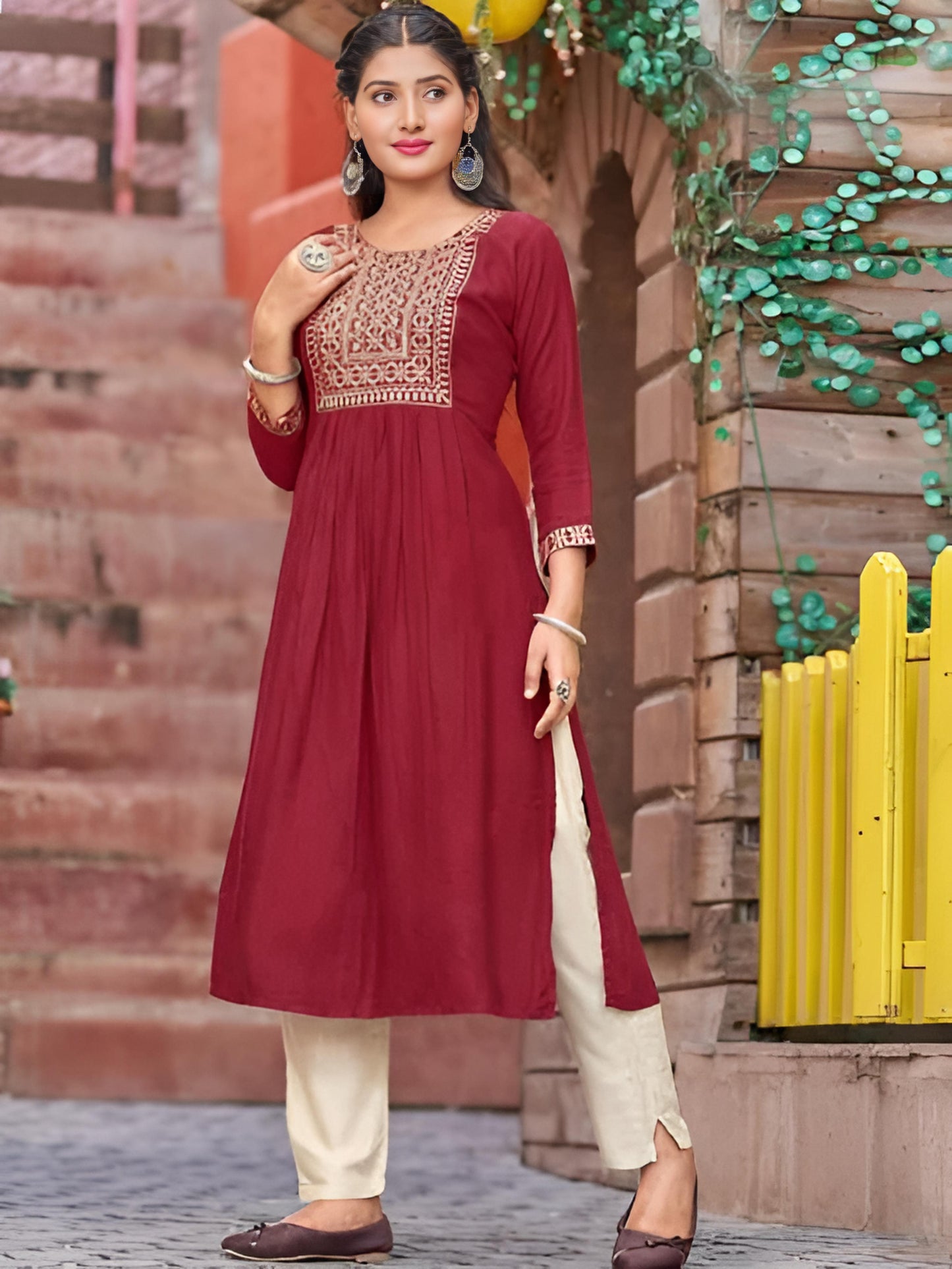 Designer Nayra Cut Maroon kurti