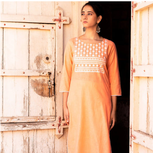 Orange Embroidered Cotton Kurti