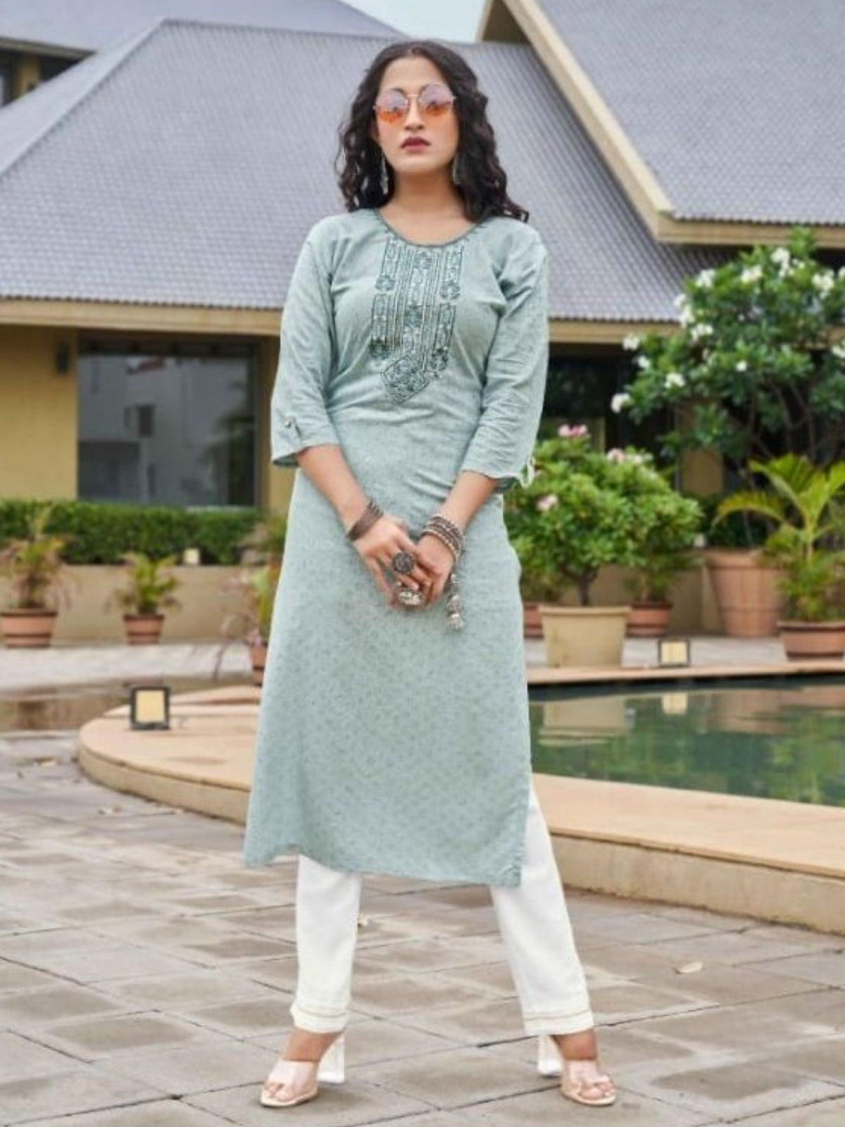 Pistachio Green floral embroidered Rayon kurti