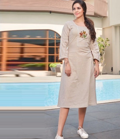 Cream Fenila Cotton Long Kurti