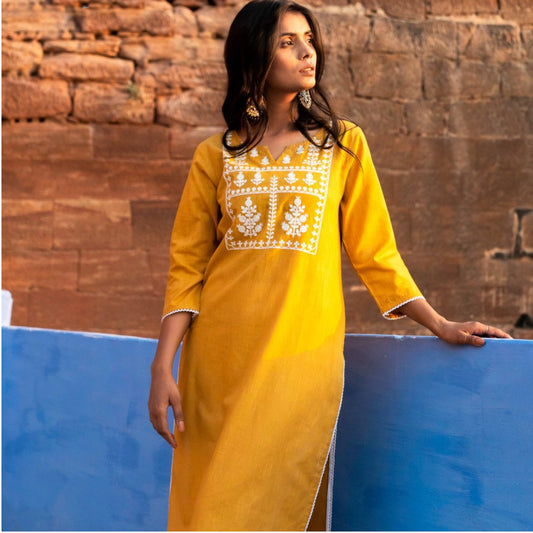 Yellow Embroidered Cotton Kurti