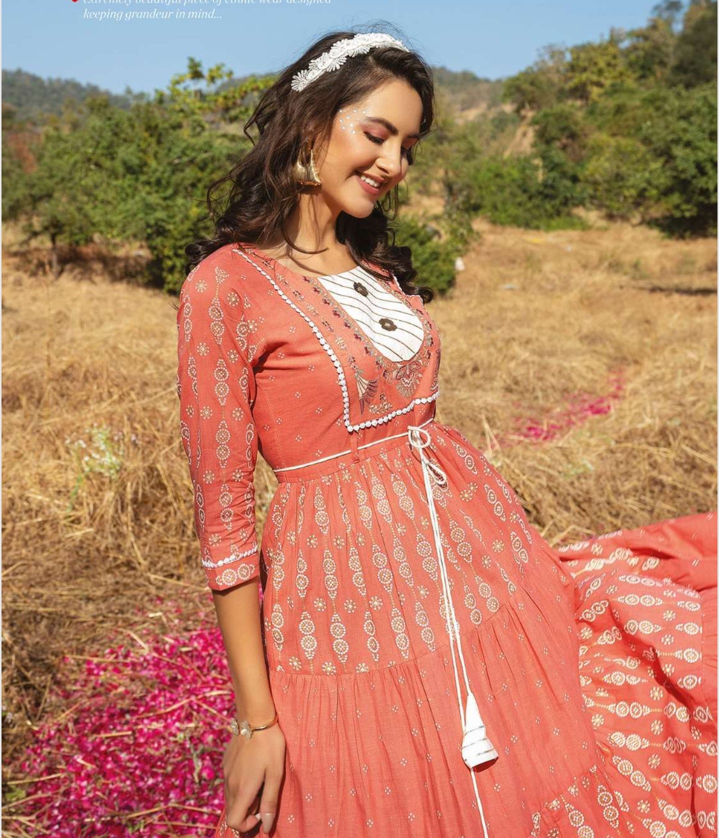 Peach Cotton Embroidered Fit & Flare Long Kurti