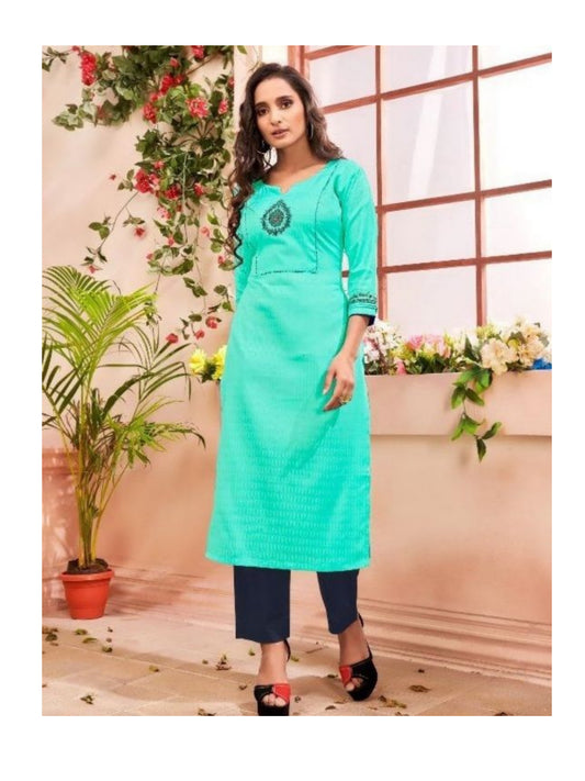 Women Turquoise jam cotton with embroidery Kurti