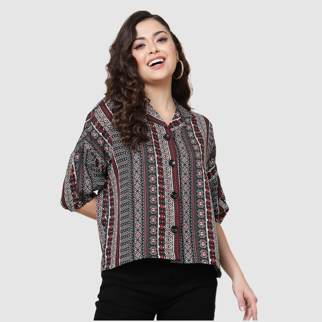 Women Western Poly Rayon Collar Neck Black Print Shirt Style Top