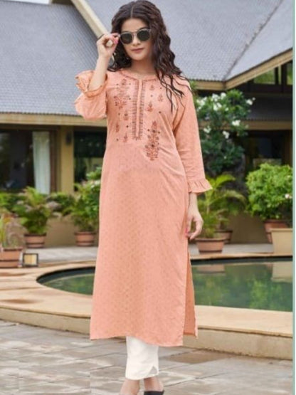 Orange floral embroidered rayon kurti