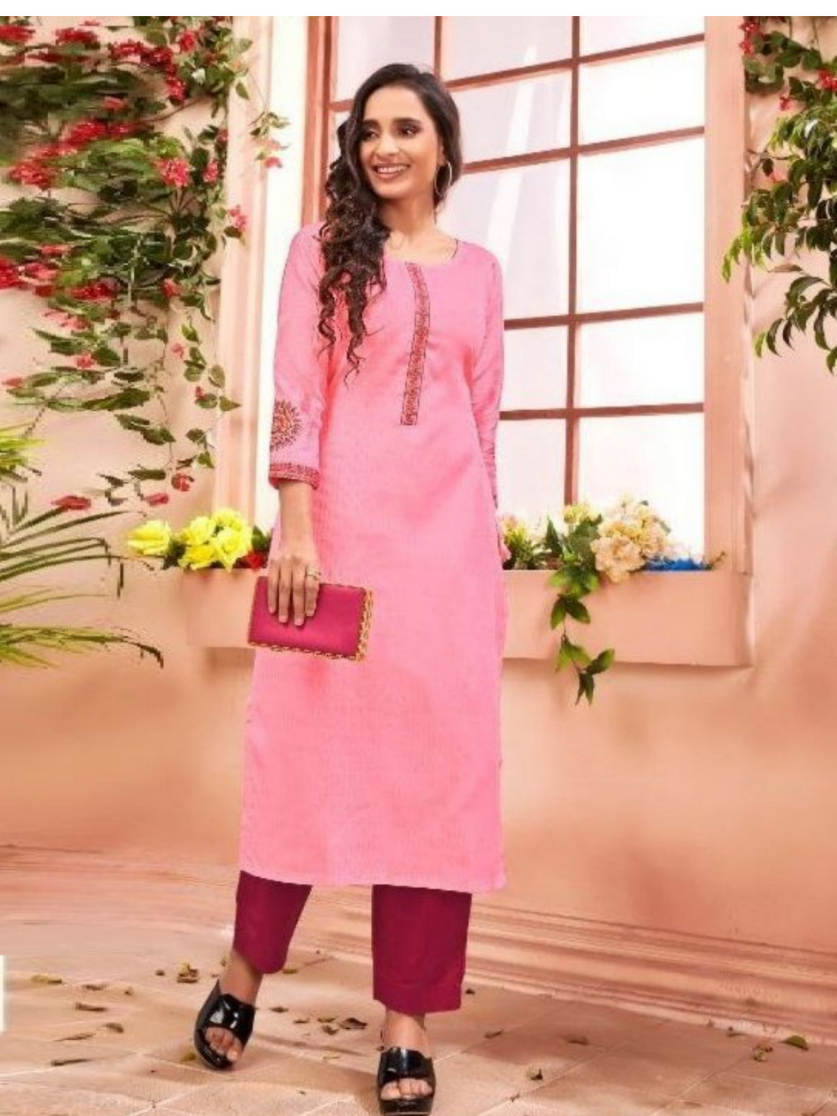 Women pink jam cotton with embroidery kurti