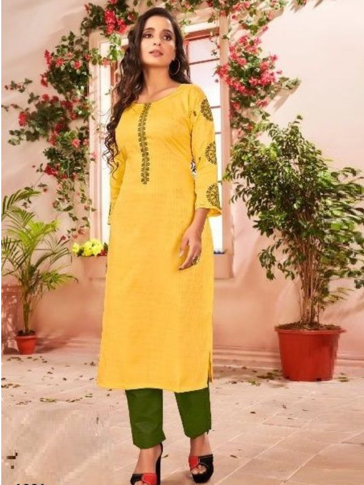 Women Yellow Jam cotton with embroidery  kurti