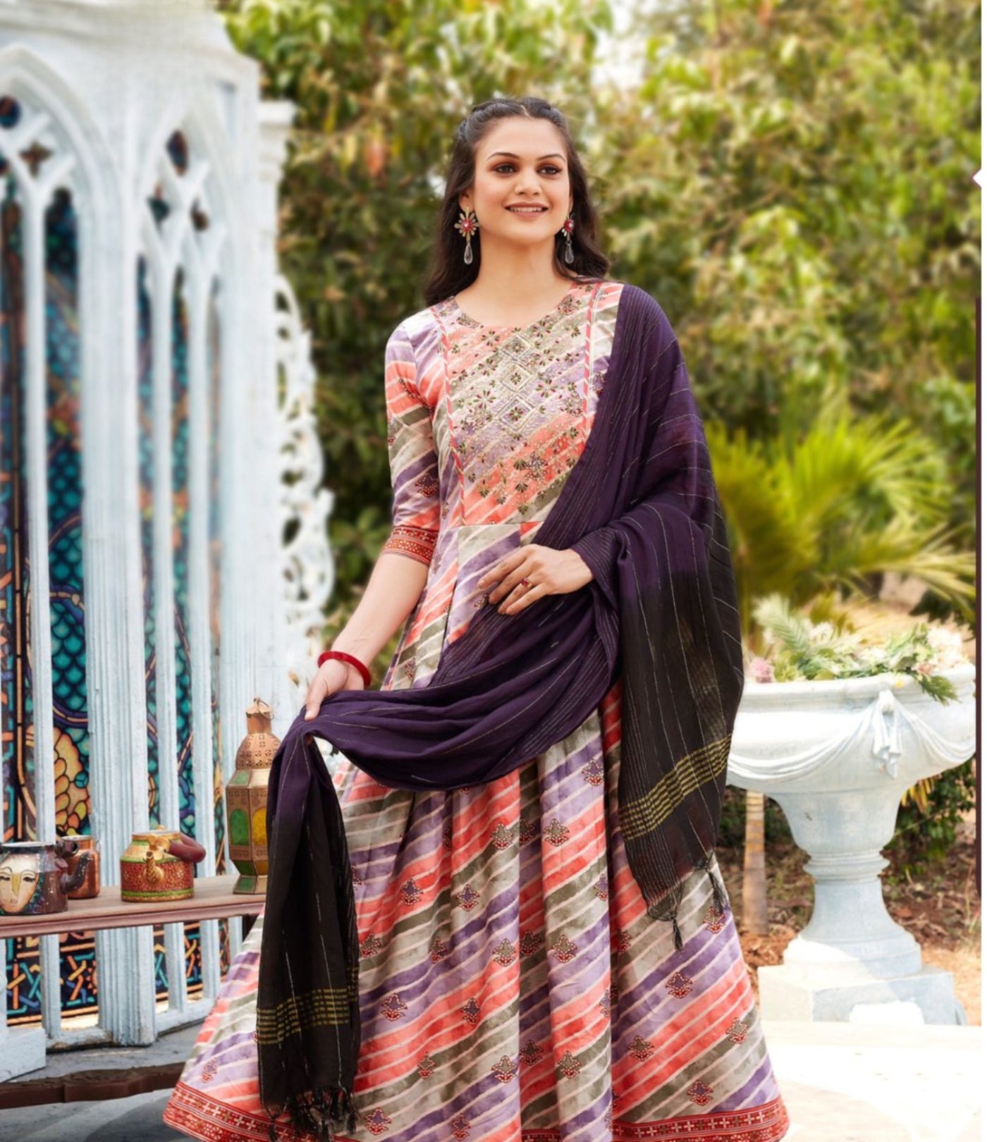 Women's Rayon Multi-colour Frock with dupatta & amazing embroidery work