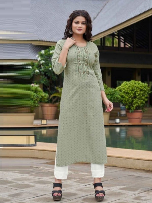 Green floral embroidered Rayon kurti