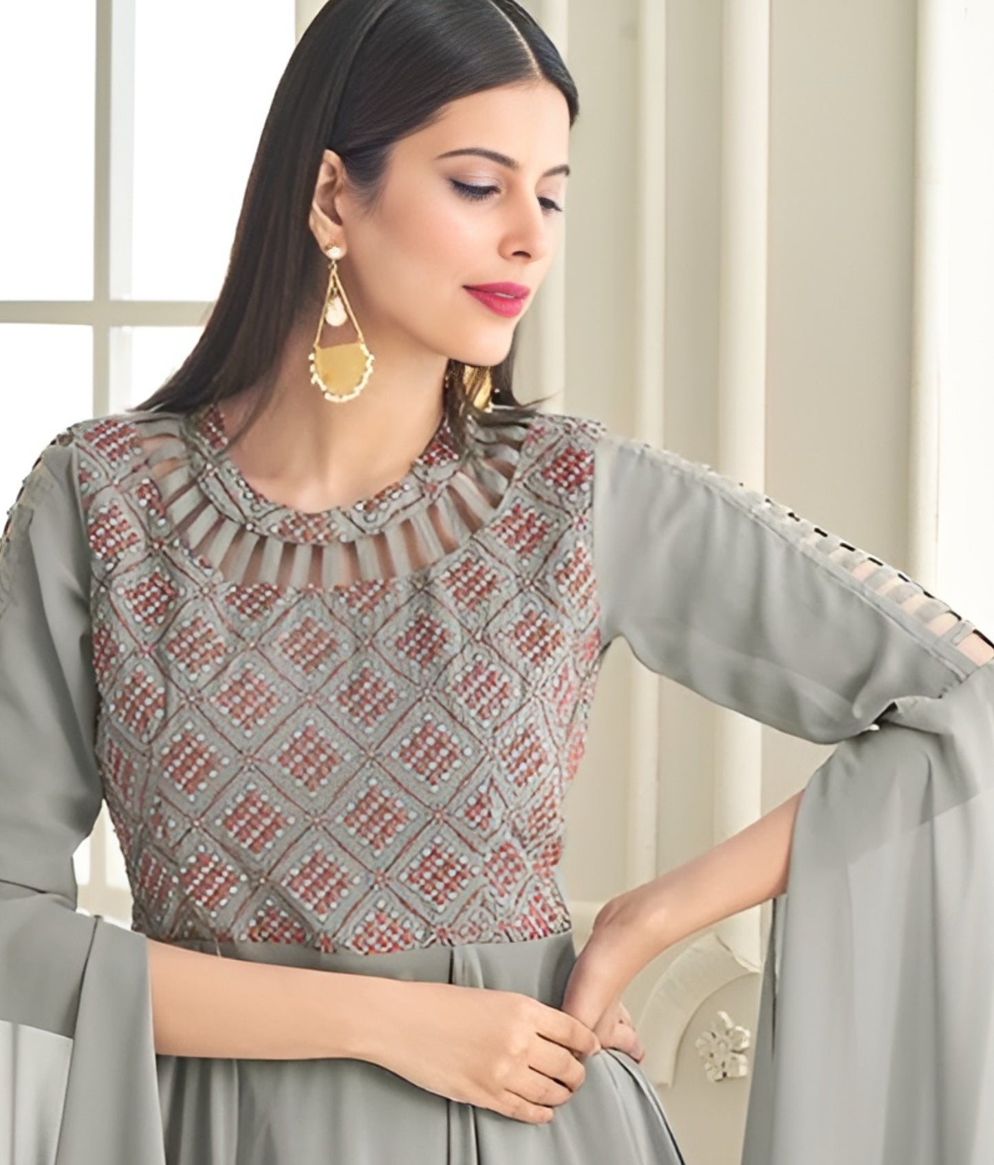 Grey Designer Gown Georgette with Heavy  Embroidery & Handwork