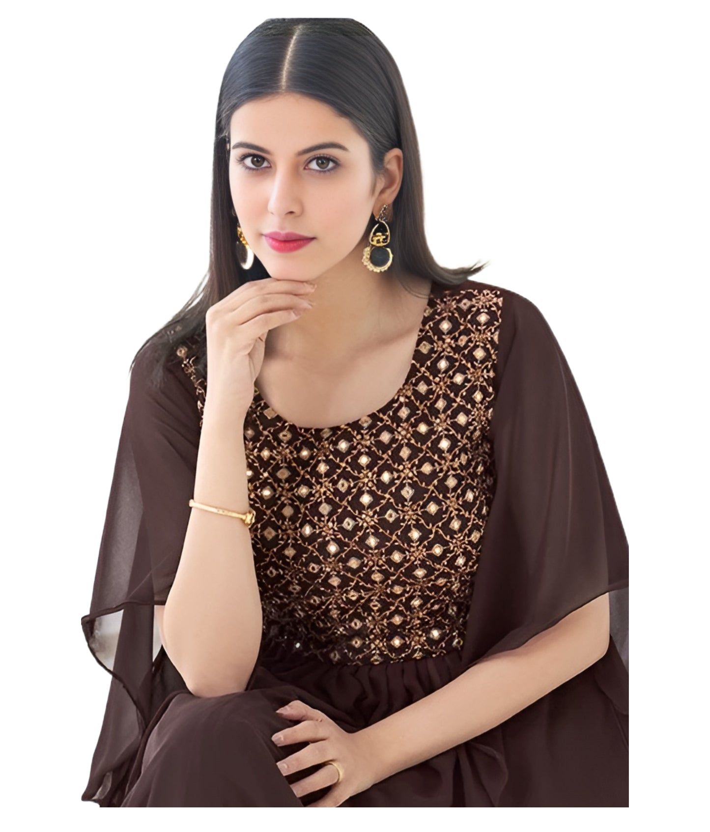 Chocolate Brown Designer Gown Georgette with Heavy  Embroidery & Handwork