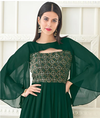 Green Designer Gown Georgette with Heavy  Embroidery & Handwork