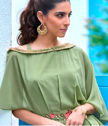 Flared Sage Green Georgette Embroidered Long Kurti