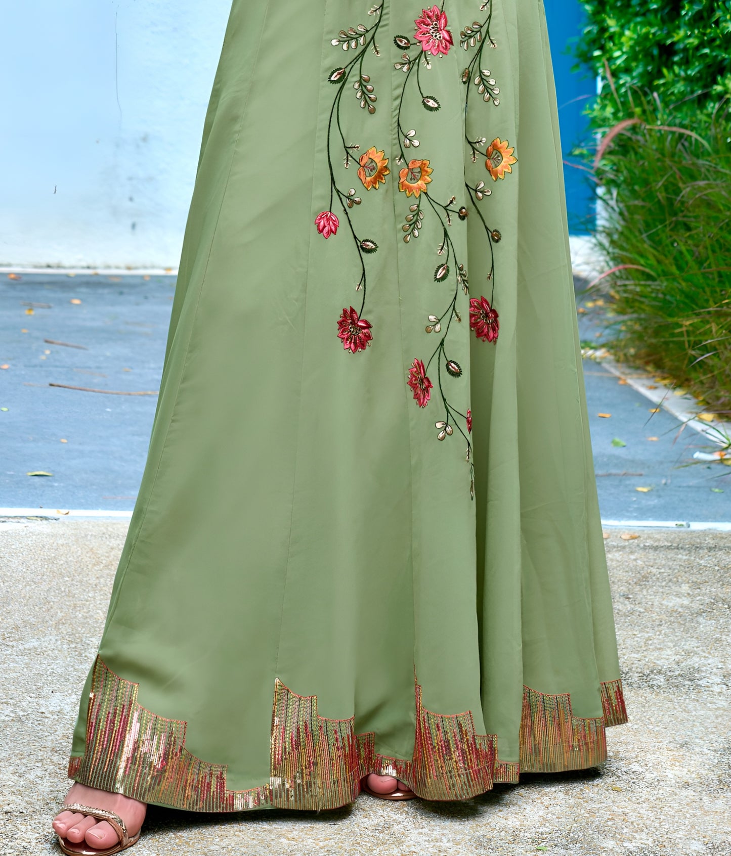 Flared Sage Green Georgette Embroidered Long Kurti