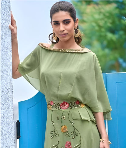 Flared Sage Green Georgette Embroidered Long Kurti