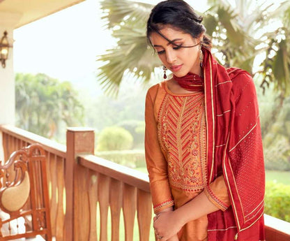 Orange Cotton Silk Embroidery Kurta with pant and Dupatta