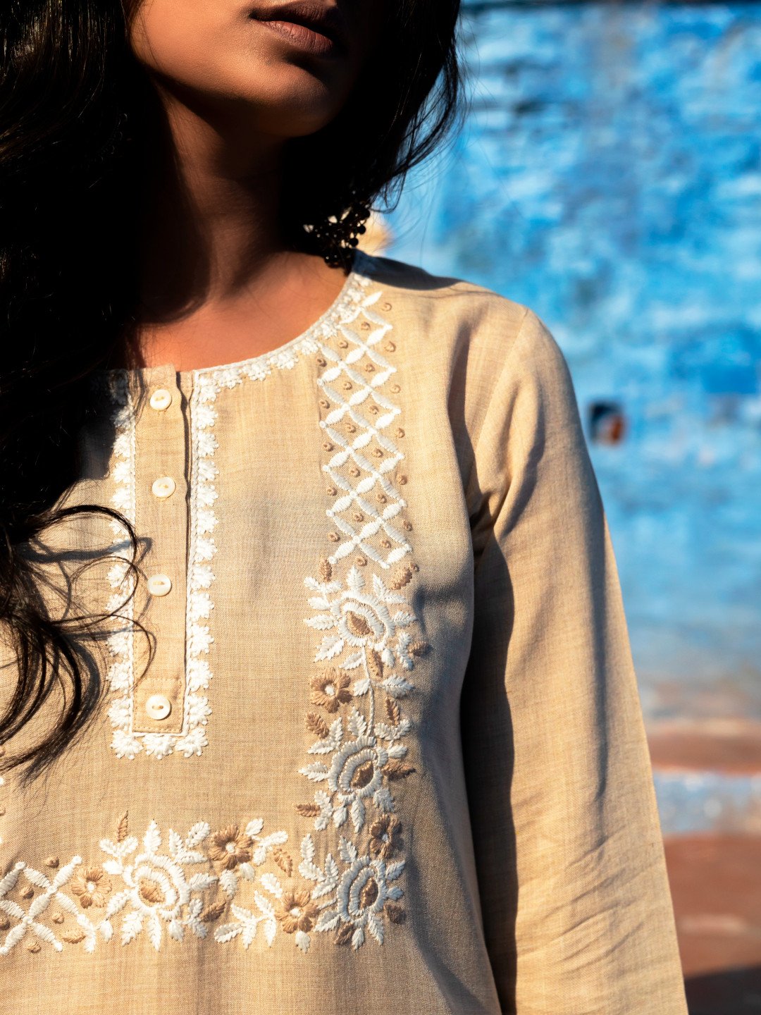 Pure Cotton Yoke Embroidered Beige Kurti