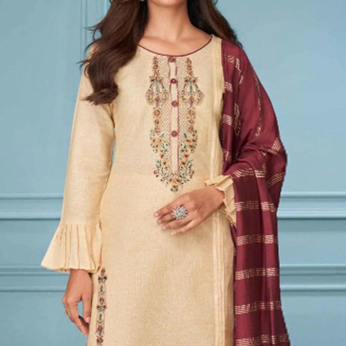 Women Yellow Embroidered  kurti with Pant & Dupatta