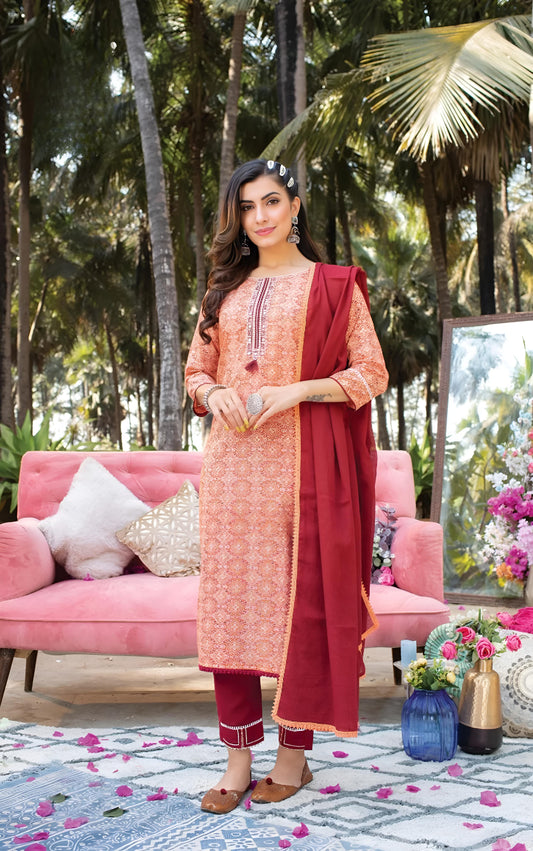 Orange kurti with pant and dupatta