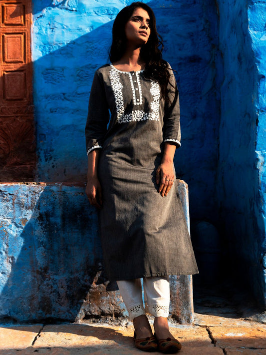 Pure Cotton Yoke Embroidered Gray Kurti