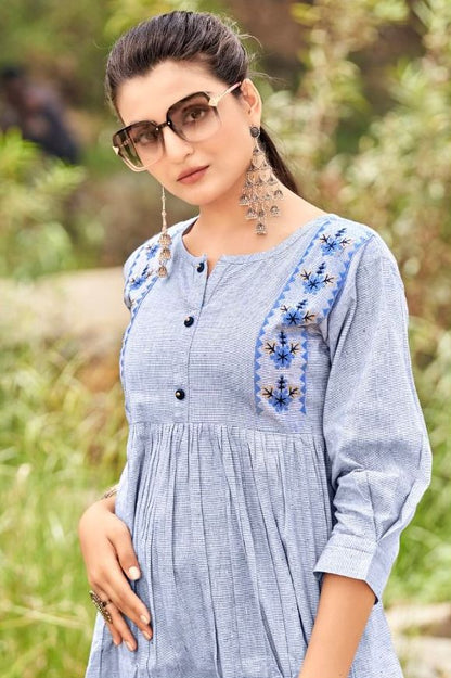 Cotton Embroidery Blue Kurti