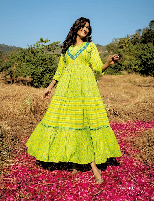 Lime Cotton Embroidered Fit & Flare Long Kurti