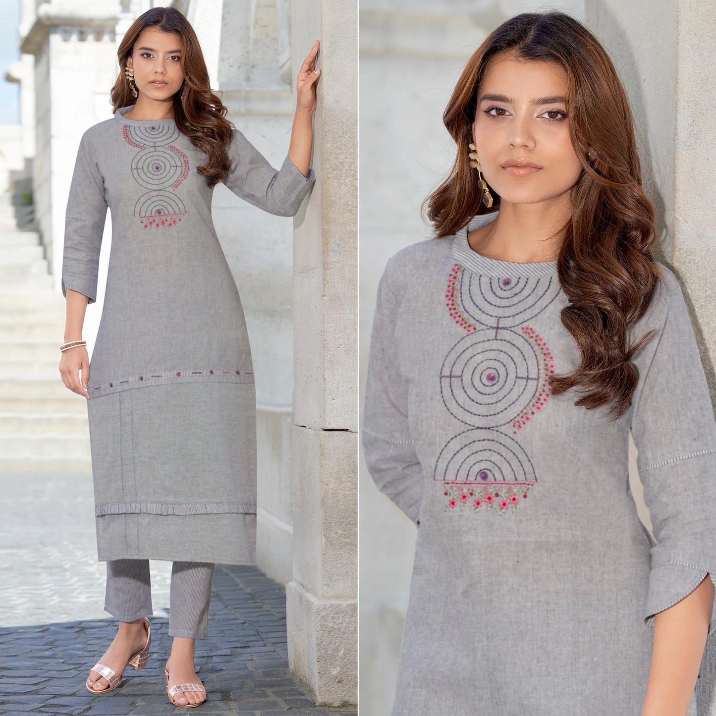 Women Grey Embroidered Cotton Kurti Pant Combo Set