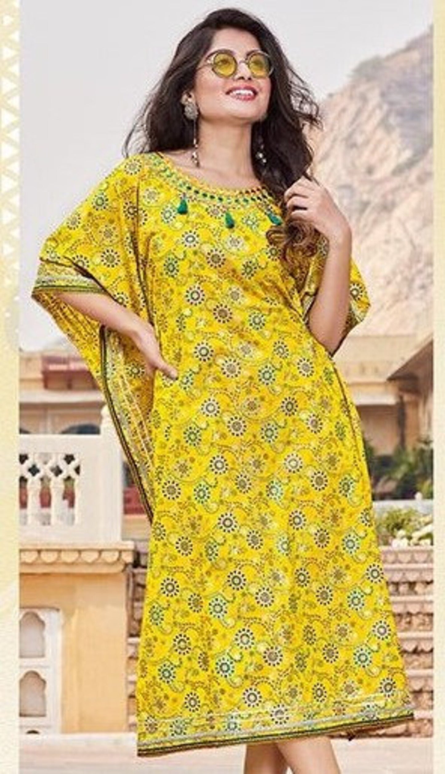 Yellow Floral kaftan Midi Cotton Dress