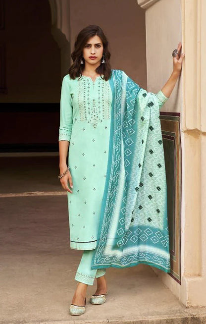 Women Blue Embroidered kurta with Trousers & Dupatta