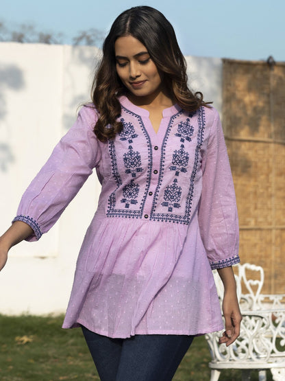 Lavender Cotton Embroidered Fit & Flare Tunic