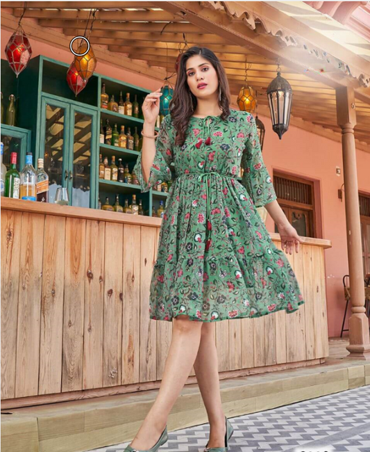 Green & Red Floral Printed Georgette Tunic Kurti