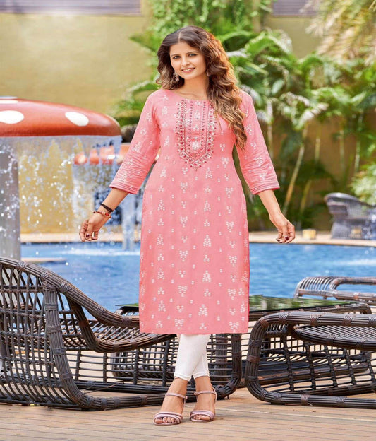 Rayon Pink long kurti with embroidery