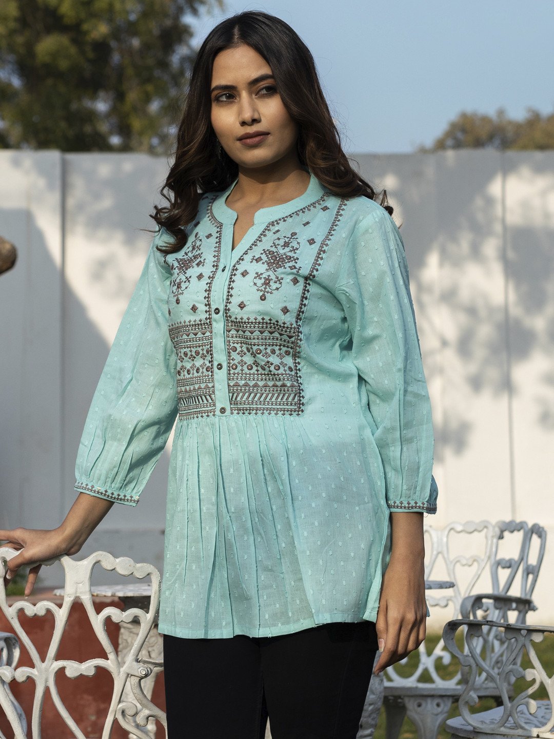 Sea Green Cotton Embroidered Fit & Flare Tunic