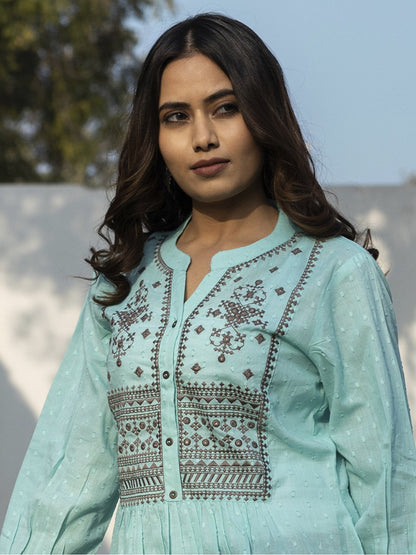 Sea Green Cotton Embroidered Fit & Flare Tunic