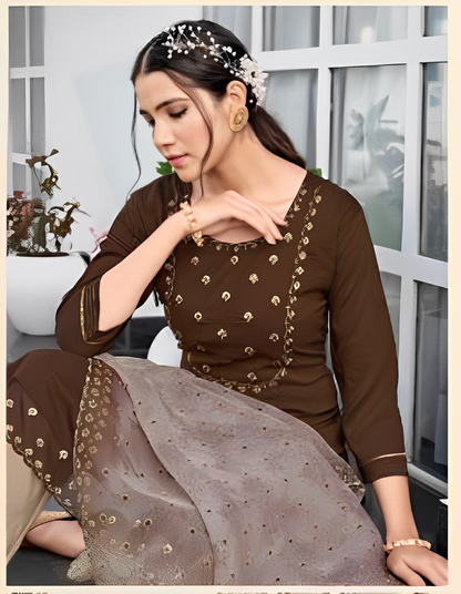 Women Dark Brown Embroidered Kurta with Trousers & Dupatta