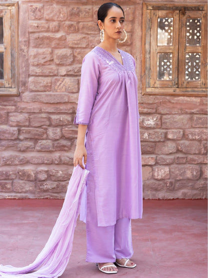 V-Neck Lavender Embroidered Rayon Stitched Suit Set