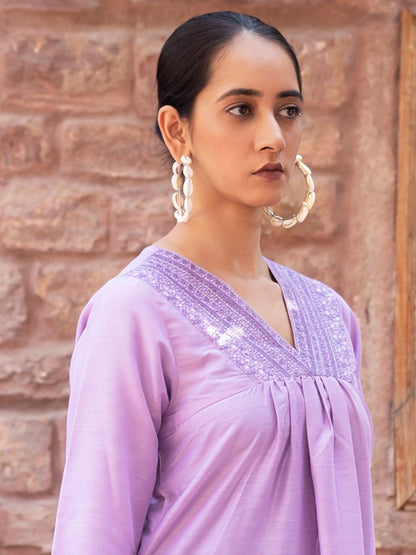 V-Neck Lavender Embroidered Rayon Stitched Suit Set