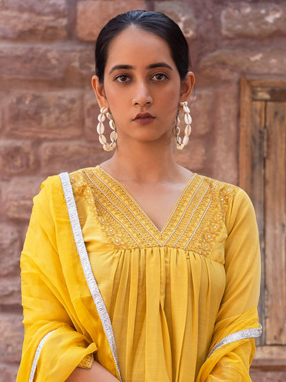 V-Neck Mustard Embroidered Rayon Stitched Suit Set