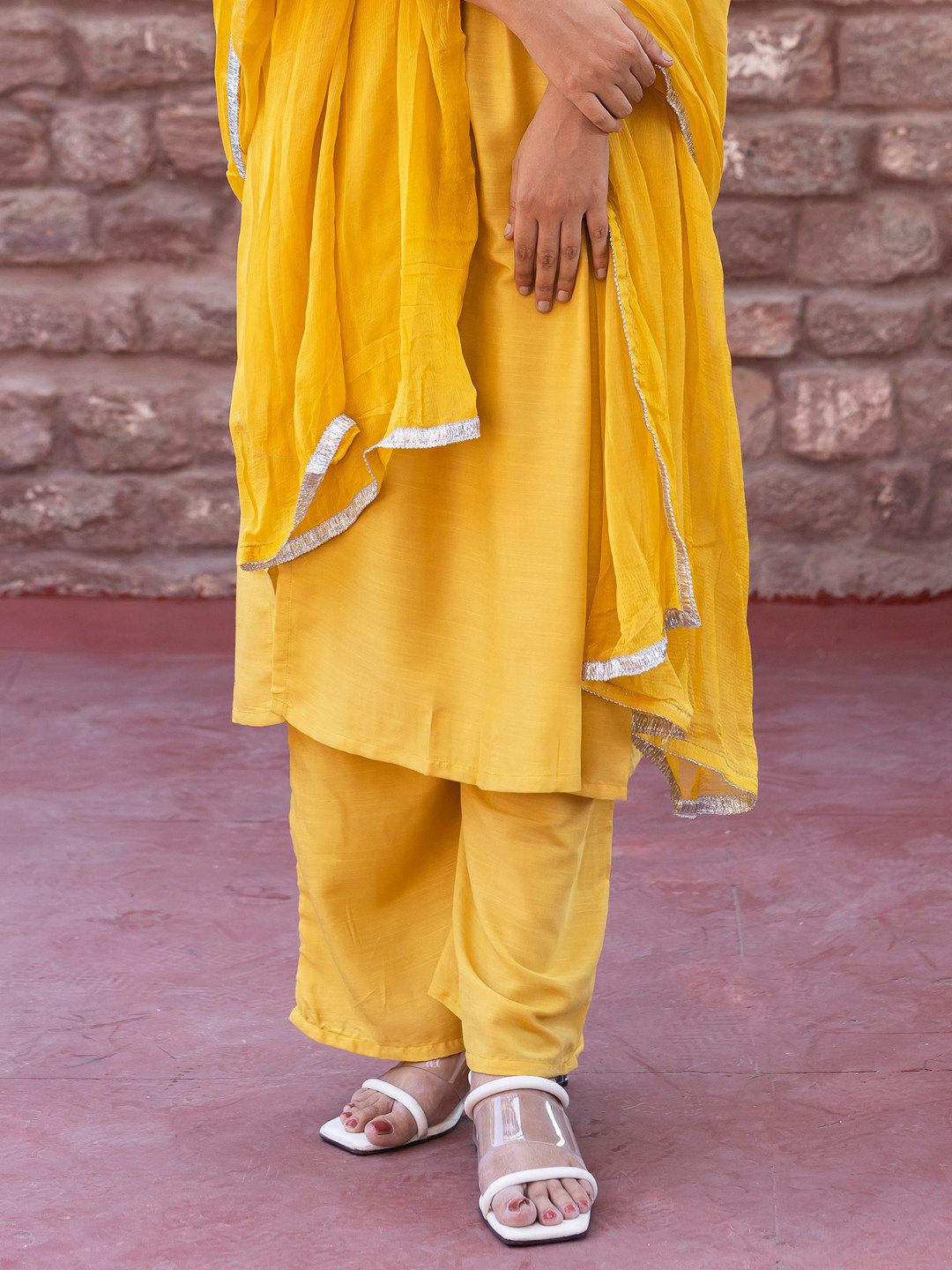 V-Neck Mustard Embroidered Rayon Stitched Suit Set