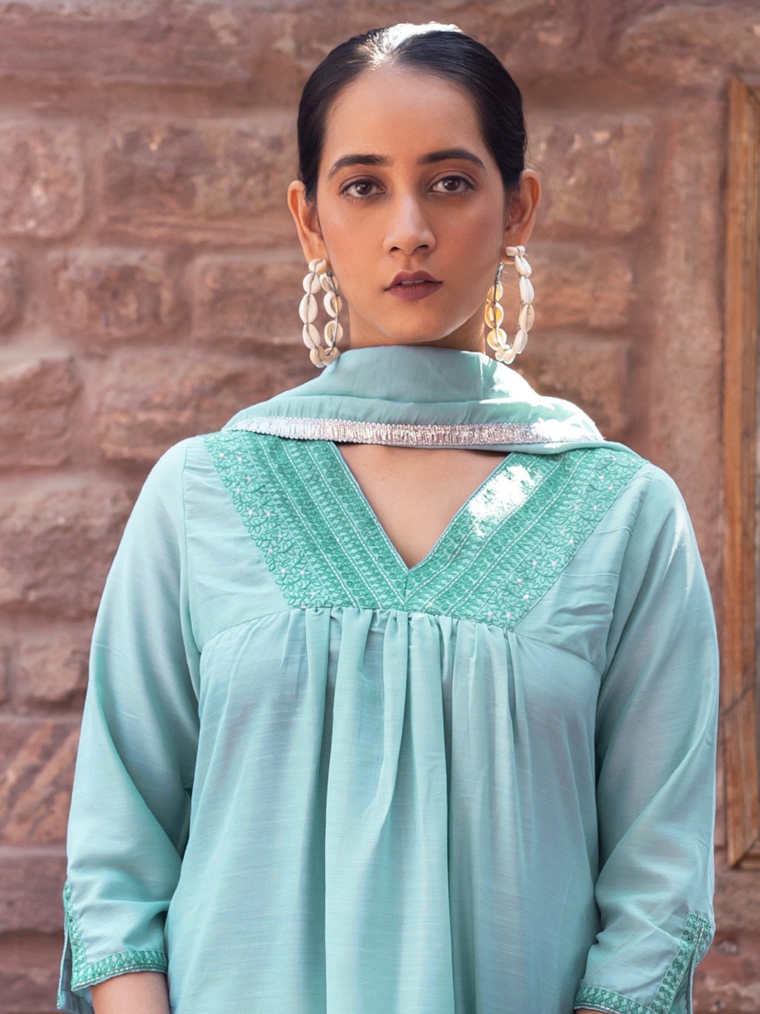 V-Neck Sea Green Embroidered Rayon Stitched Suit Set