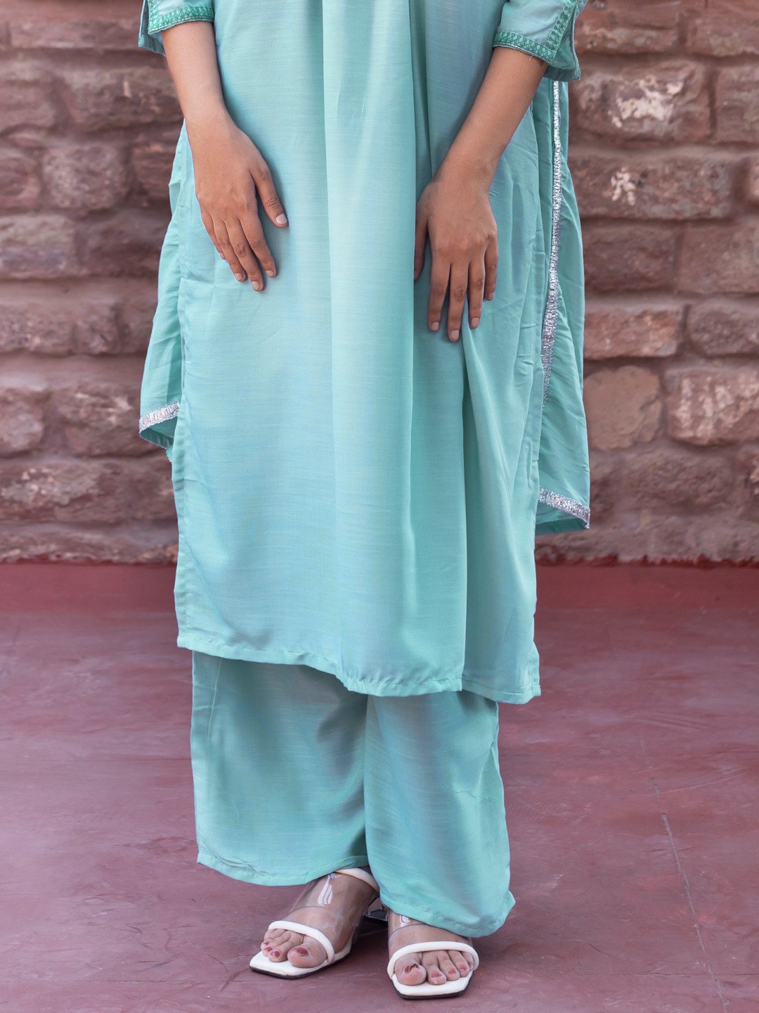 V-Neck Sea Green Embroidered Rayon Stitched Suit Set