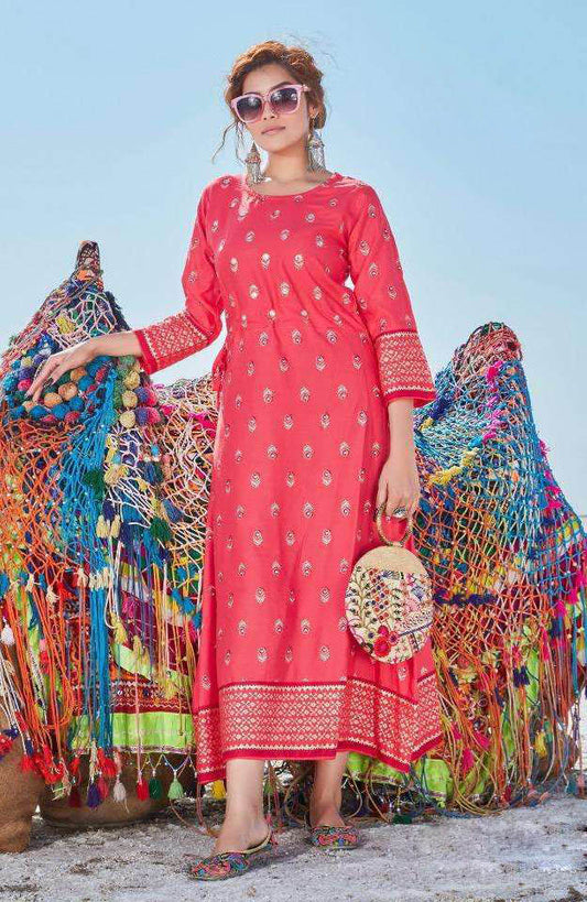 Red printed mirror work kurti