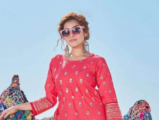 Women Ethnic Motifs Red printed Mirror work kurti