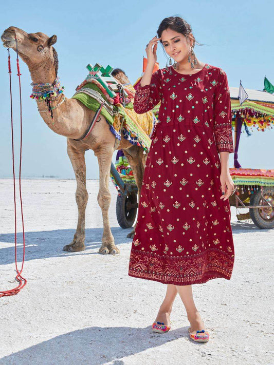 Maroon printed mirror work kurti