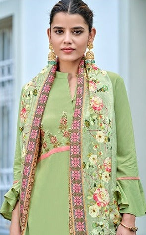 Women Green embroidered Regular rayon designer kurti with Pant & Dupatta