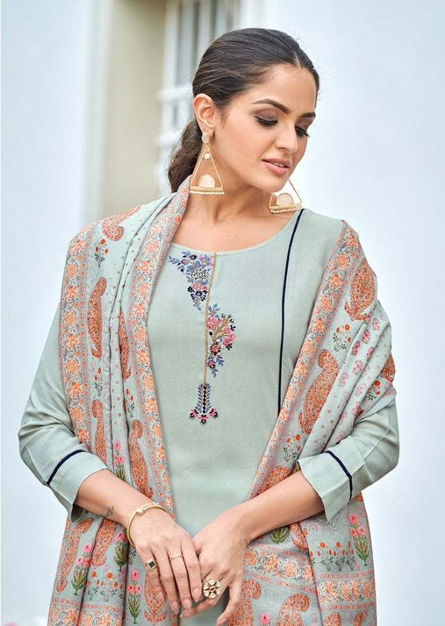 Women Grey Embroidered Kurti with Pant & Dupatta