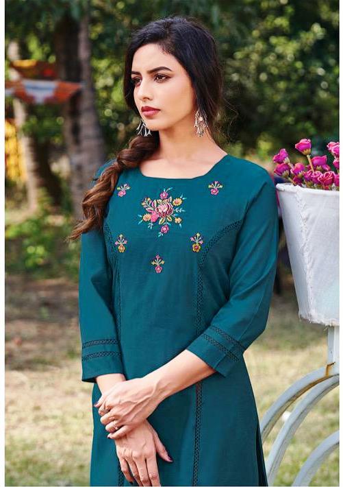 Muslin embroidery work kurti-Blue